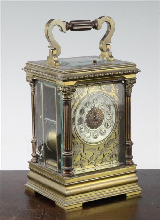 An early 20th century French brass hour repeating carriage clock, 6.5in.